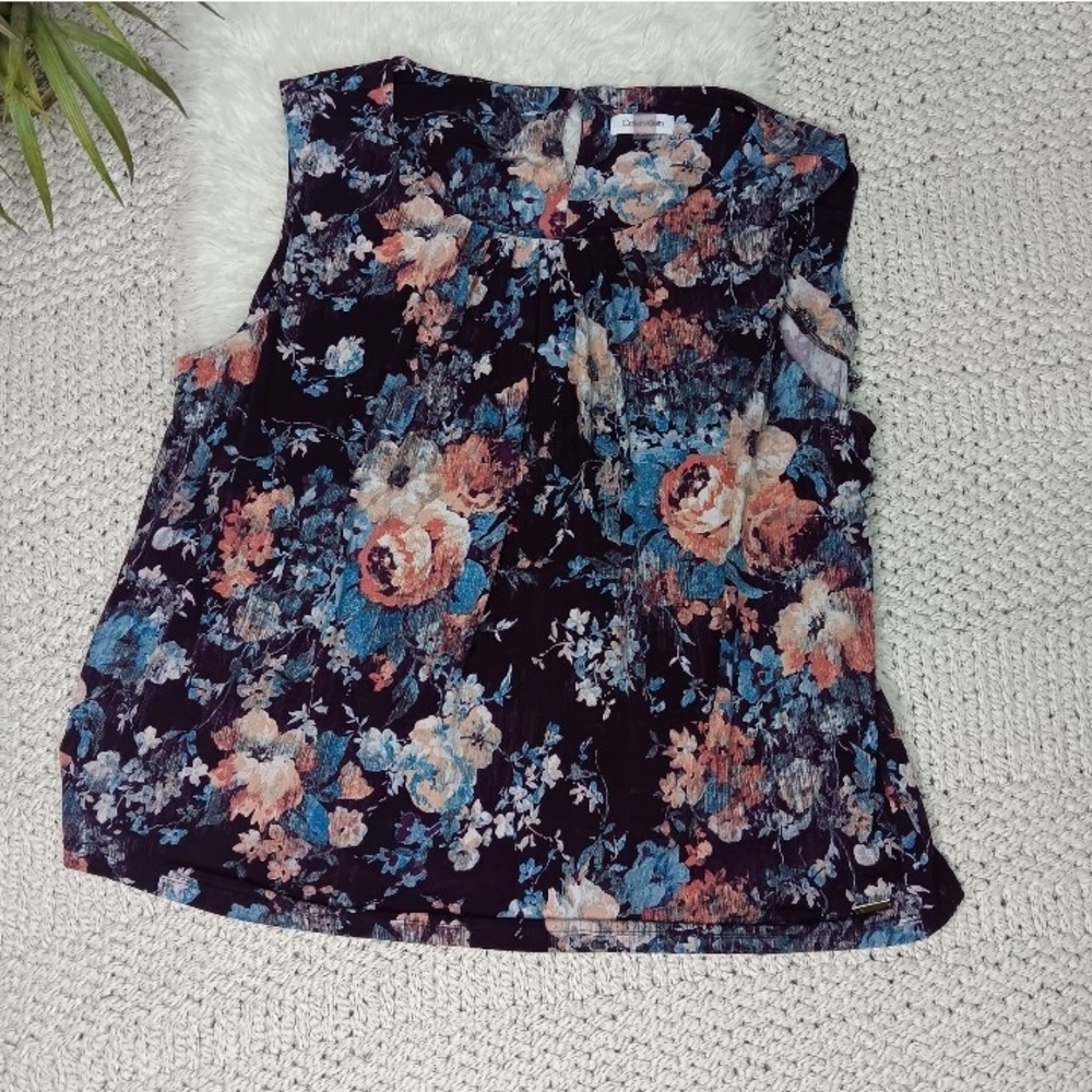 Calvin Klein Whimsigoth Sleeveless Eggplant W/ Multicolored Flowers Blouse, 3X